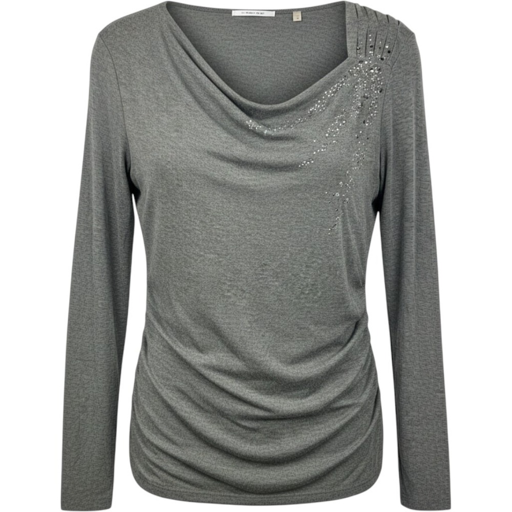 T Tahari Blouse Women Medium Gray Cowl Neck Rhinestone Embellished Long Sleeve